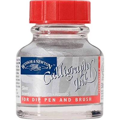 Afbeelding van Winsor &amp; Newton 1110617 Kalligrafie inkt voor vulpennen of kroontjespennen, onderling mengbaar, lichtecht met goede vloei eigenschappen 30ml fles, Zilver