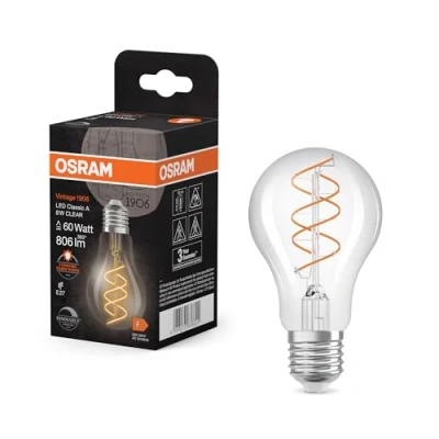 Afbeelding van OSRAM Vintage 1906 Classic is a warm white, dimmable LED bulb with spiral filament. It offers 8 W for 806 lm, E27 socket, clear coloured glass, 60 mm diameter, 2,200 K.
