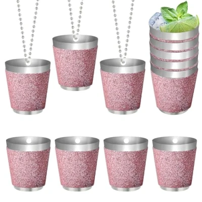 Afbeelding van 12 delige Shot Mok Metalen Hangende Glazen Roestvrij staal Met Chain Glas 30ml Ketting Roze Voor Bruiloft Partij Jonge Partijen Carnaval Wijnproeverij