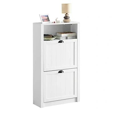 Afbeelding van SoBuy FSR87 SCH Schoenenrek Schoenenkast smal met 2 kleppen 4 legplanken Schoenencommode extra vak Zwart BHT ca.: 80x110x24cm