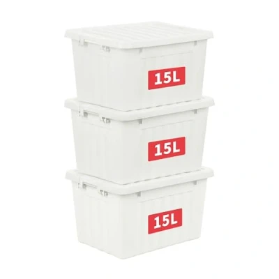 Afbeelding van Cetomo 15L x 3 plastic opbergdoos, wit, draagtas, organiserende container met duurzaam deksel en veilige vergrendelende gespen, stapelbaar nestbaar, stuks, gesp