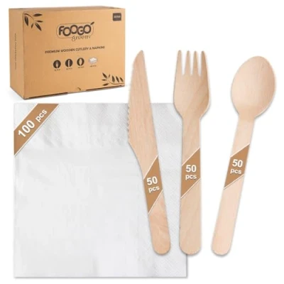 Afbeelding van FOOGO Green 250 stuks wegwerp houten bestek en witte servetten, 50x vorken, messen, lepels, 100x bruine 2 laags sterke papieren servietten, milieuvriendelijke bestekset, biologisch