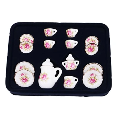 Afbeelding van WANGCL Poppenhuis Theeservies Miniatuur Theeset 15 Stks Dining Ware Porseleinen Mokken Accessoires voor 1/12 Barbie Lundby