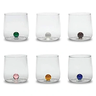 Afbeelding van Zafferano Bilia Transparant, handgemaakt, versierd met een bal van gekleurd glas, 44 cl, H 90 mm diameter 88 mm, set 6 stuks in verschillende kleuren, 0,44 liter, mix