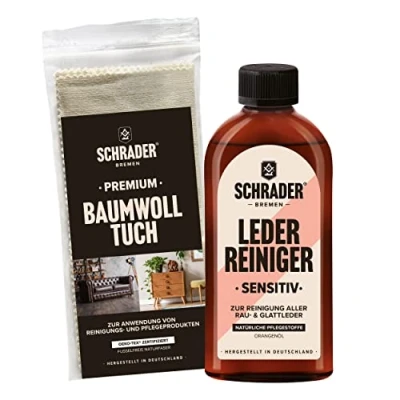 Afbeelding van Schrader Sensitive leerreiniger, reinigingsmiddel voor ruw en glad leer met poetsdoek, 2 delig, Made in Germany