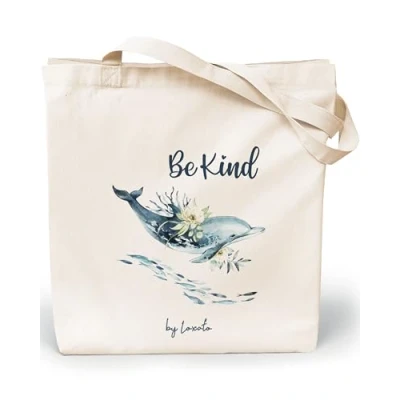 Afbeelding van Loxato stoffen tas bedrukt, tas, katoenen 35 x 42 8 cm (b h 8), draagtas, canvasstof 220 g/m2, jute boodschappentas lang handvat 70 cm, boodschappentas, dolphin