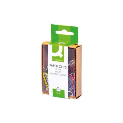 Afbeelding van Q CONNECT papierklemmen, 32 mm, doos van 75 stuks, ophangbaar, geassorteerde kleuren. papierklemmen