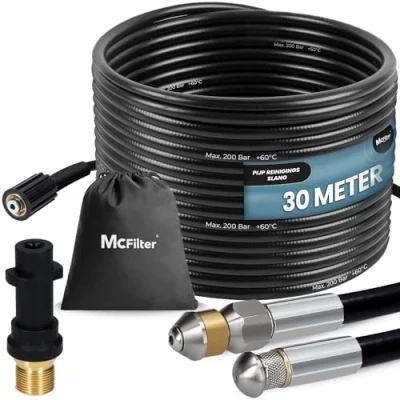 Afbeelding van McFilter Universele pijpreinigingsset, 30 m, 200 bar, inclusief zak met adapter, vaste + roterende sproeiers, compatibel Kärcher K2 K3 K4 K5 K6 K7 hogedrukreinigers