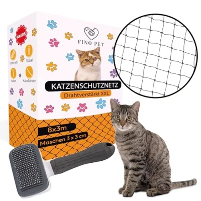 Afbeelding van FinoPet Kattennet voor balkon, draadversterkt, 8 x 3 meter, met kattenborstel en inclusief bevestigingsmateriaal, kattenbeschermingsnet, kattennet, veiligheidsnet, balkonnet katten