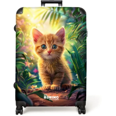 Afbeelding van NoBoringSuitcases.com® Koffer groot Reiskoffer lichtgewicht Rode kitte in de groene natuur Rolkoffer met 4 wielen Grote trolley XL 98 liter bagage