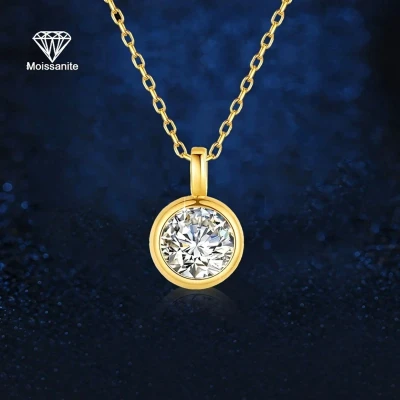 Afbeelding van S925 Zilveren Damesketting met 1 Karaat Zirkonia Goudkleurig, Ronde Hanger, Elegant Cadeau voor Vrouwen