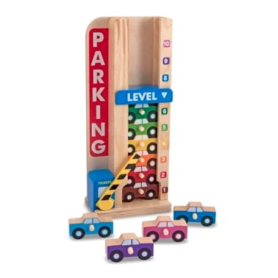 Afbeelding van Melissa &amp; Doug Houten stapelgarage met 10 auto&#039;s om te stapelen en tellen