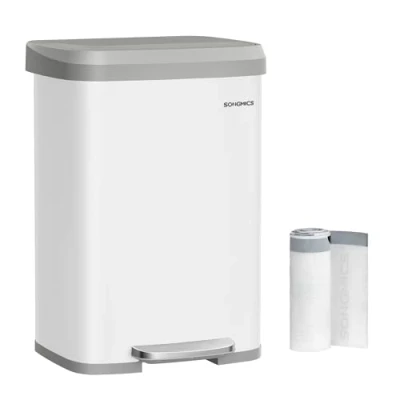 Afbeelding van SONGMICS keukenprullenbak, 50 liter prullenbak, pedaalemmer van metaal, met deksel, hoog, smal en ruim, wit duifgrijs LTB530W03