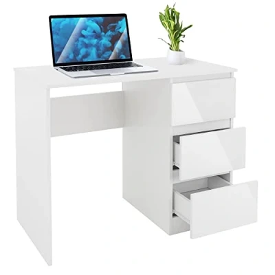 Afbeelding van ML Design Bureau met 3 laden, 90x76x50 cm, wit, lade fronten in hoogglans, veel opbergruimte, werkbureau bureautafel computertafel bureaumeubel laptoptafel PC tafel, voor thuis en kantoor