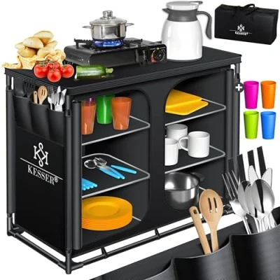 Afbeelding van KESSER® Campingkeuken, incl. draagtas en bekerset, campingkast, vouwkast, met aluminium frame, reiskeuken, keukenbox, tentkast, outdoor camping keuken, zwart/zwart, type F6