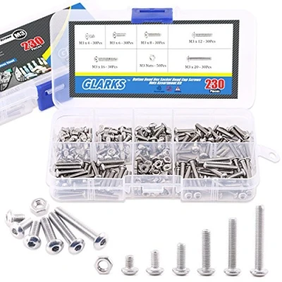 Afbeelding van Glarks 230 Stks M2 RVS Allen Hex Drive Knop Hoofd Socket Cap Bouten Schroeven Moeren Assortiment Kit M3