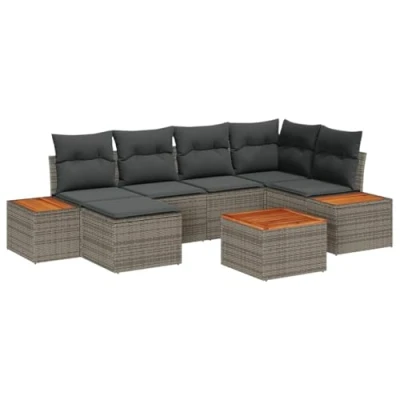 Afbeelding van vidaXL 7 delige tuinset met kussens Grijs, Poly Rattan, Acacia