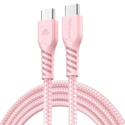Afbeelding van TECHGEAR 1 m USB C naar kabel, 60 W, gevlochten kabel type C, snel opladen, compatibel met iPhone 15, iPad Pro, MacBook, Samsung Galaxy S24/S23/A14/A15/A25/A35/A34/A55/A54/A05s/A04s, roze