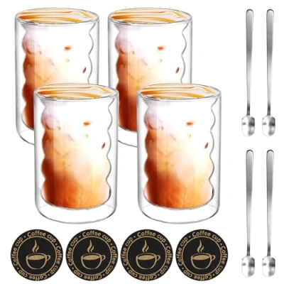 Afbeelding van Set van 4 dubbelwandige glazen met lepels en onderzetters, 350 ml dubbelwandig borosilicaatglas, thermoglazen voor latte, thee, ijsthee, Iced Americano