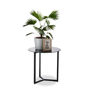 Afbeelding van Relaxdays bijzettafel rond, van glas en metaal, HBD: 51 x 50 cm, decoratieve salontafel, koffietafel, zwart