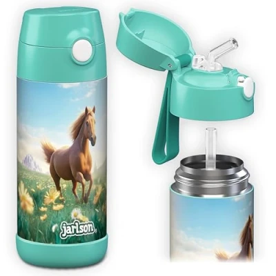 Afbeelding van Jarlson® Charli Drinkfles voor kinderen, roestvrij staal, met rietje, thermosfles 350 ml, TÜV getest, BPA vrij, lekvrij, thermische waterfles school, kleuterschool, paard 2.0, ml