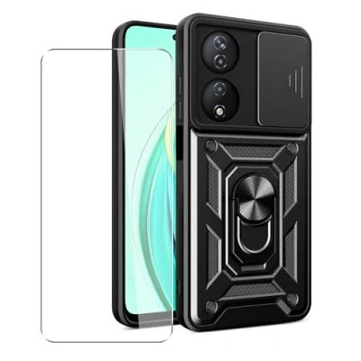 Afbeelding van SDTEK Hoesje voor Honor 90 Smart Phone Cover met cameralensbescherming, standaard, magnetische ringhouder en glazen displaybeschermer (zwart)