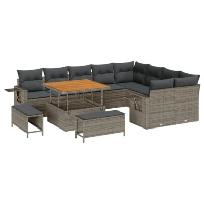 Afbeelding van vidaXL 12 delige tuinsofa set met kussens Grijs Poly Rattan Acacia, 3 tuin eetset Acacia