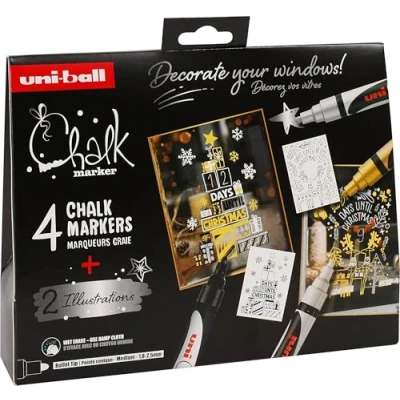 Afbeelding van UNI Ball 186831 Krijtmarkerset Xmas skand, 4 markers met 2 stencils, CHALK MARKER, krijtmarkers voor ramen