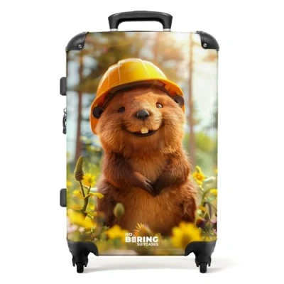 Afbeelding van NoBoringSuitcases.com® Koffer groot Rolkoffer lichtgewicht Lachende bever met bouwhelm in de natuur Reiskoffer 4 wielen Grote trolley XL 20 kg bagage