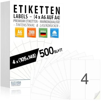 Afbeelding van Etiketten 105 x 148 mm, zelfklevend (4 stuks per A4 vell), mat wit oppervlak, inkt en laserprinter, (inkjet laser) verzendlabels, Made in Germany (500 vellen 2000 etiketten)