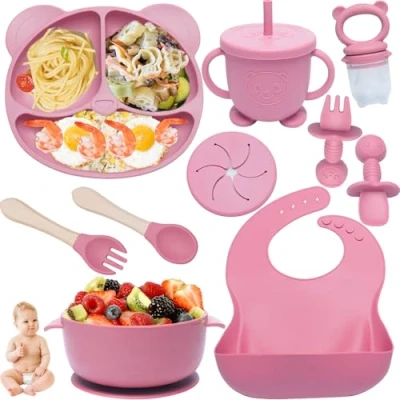 Afbeelding van Kinyoda 10 stuks, siliconen babyserviesset met zuignap, bestekset lepel, vork, kom, slabbetje, beige