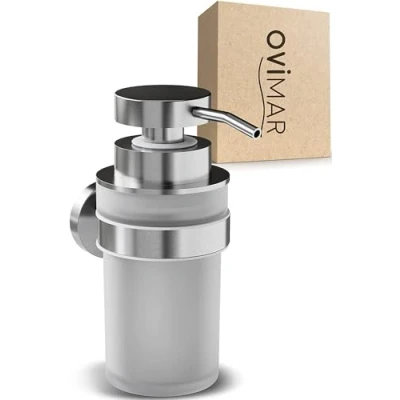 Afbeelding van ovimar zeepdispenser Lokta zwart met muurbevestiging om te boren gemaakt van roestvrij staal en glas extra grote opening gemakkelijk bij vullen (Voor boren, Zwart)