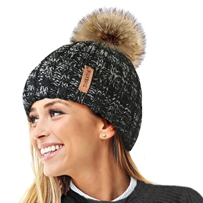 Afbeelding van TOSKATOK® Warme wintermuts voor dames, wollige gebreide muts met afneembare dikke pompon van imitatiebont, ZWART/GRIJS MIX, One size
