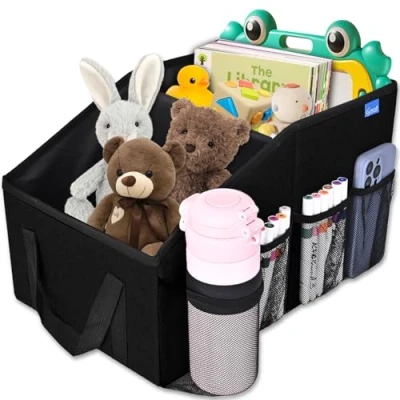 Afbeelding van Auto organizer, organizer voor kinderen, met bekerhouder, multifunctionele vakken, opvouwbaar, auto, voorstoel, opslag speelgoed, snacks, boeken