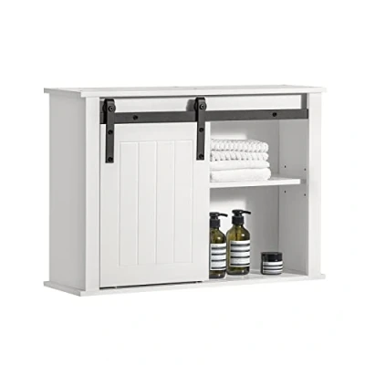 Afbeelding van SoBuy Badkamer Wandkast, Badkamerkast Hangend, Opbergkast Hangkast, Hoge Kast met Schuifdeur, HBT: 68 x 20 48 cm, Wit, BZR71 W