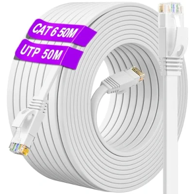 Afbeelding van Ethernet Kabel 50m Cat 6, Buiten Binnen Netwerkkabel Hoge Snelheid, Wit Plat RJ45 Internetkabel 1000Mbps 250MHz, Lang UTP Gigabit LAN CAT6 Patchkabel voor Router Switch Modem (50 Clips)