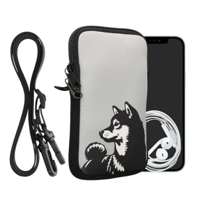 Afbeelding van kwmobile Tasje voor smartphones L 6,5&quot; Hoesje van neopreen in zwart / wit grijs Phone case met nekkoord Shiba hond design