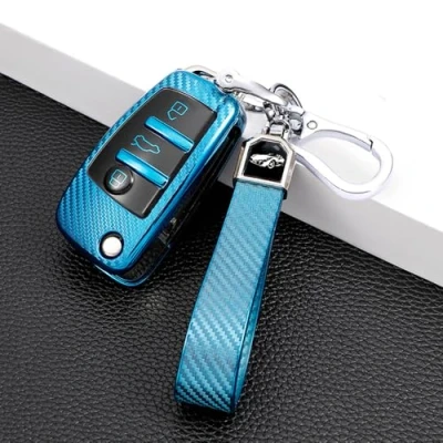 Afbeelding van RXXR Blauwe Autosleutel Case Cover Compatibel met Audi A1 S1 A3 S3 RS3 A4 S4 RS4 A6 S6 RS6 Q2 Q3 Q7 TT TTS R8 Flip Key Shell Afstandsbediening Protector 3 Knop Sleutelhanger Lederen