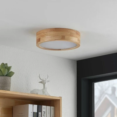 Afbeelding van Lindby plafondlamp hout 2lichts eikenhout, kunststof H: 8 cm E27 licht hout, wit