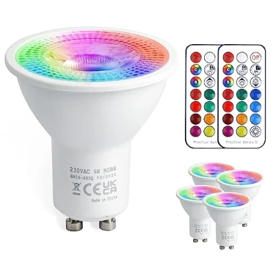 Afbeelding van VARICART GU10 6W LED Lamp, RGB + Koelwit 6000K, Dimbaar 12 Kleurwisselend 5 Modi, Ingebouwd Geheugen met Afstandsbediening, 35W 50W Equiv. Spotlight voor Alledaagse en Sfeerverlichting (Pak van 4)