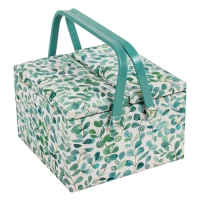 Afbeelding van Hobby Gift Exclusieve grote naaidoos met twee deksels, knutseldoos, accessoirelade, speldenkussen, PVC handgrepen, 25 x 17 cm, Eucalyptus