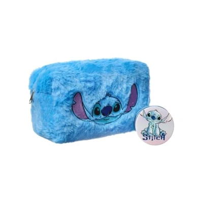 Afbeelding van Disney Lilo &amp; Stitch Make up tasje Spiegel Cosmetisch voor dames in blauw bont met gezicht gestikt karakter Reisbeautykoffer en zakspiegel volwassenen tieners