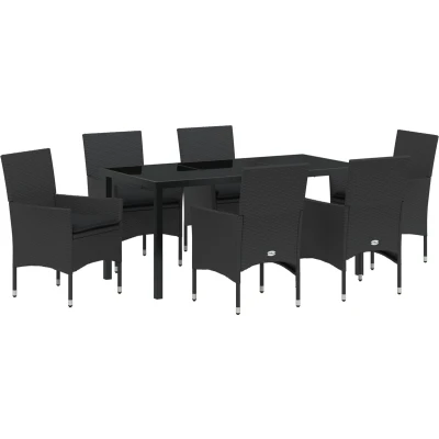 Afbeelding van vidaXL 7 Persoons Tuin Eetset met Kussens Zwart Poly Rattan, Tuintafel 160x80x73 cm Gehard Glas