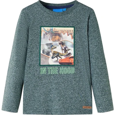 Afbeelding van Kindershirt met lange mouwen dinosaurusprint 128 gemleerd donkergroen