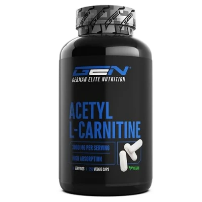 Afbeelding van acetyl L carnitine 3000 250 Capsules mg per dosering extra sterk 100% sterke vorm laboratoriumgeteste kwaliteit vegan German Elite Nutrition