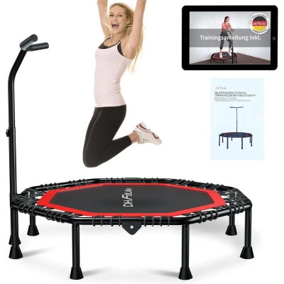 Afbeelding van DH FitLife Fitnesstrampoline, inklapbaar, stille rubberen touwvering zonder installatie, 128 cm, trampolines voor binnen en buiten, met 3 verstelbare handgrepen (rood)