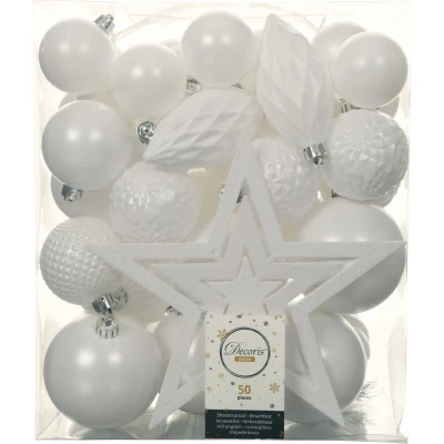 Afbeelding van Set 66x stuks kunststof kerstballen met ster piek wit Kerstbal