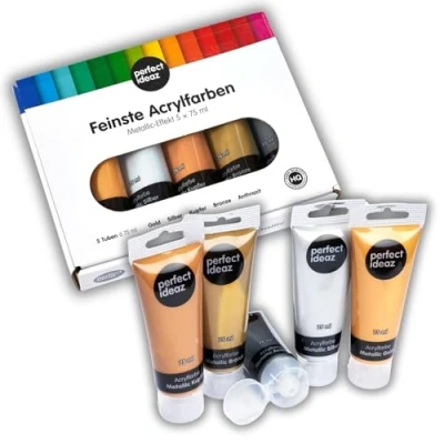 Afbeelding van perfect ideaz 5 x 75 ml acrylverf metallic (375ml), verschillende creatieve schilderkleuren, hoog aandeel kleurpigmenten, Arylic Paint extreem dekkend &amp; sneldrogend, ideaal voor schilderen tekenen