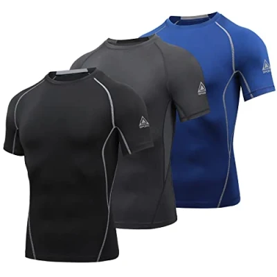 Afbeelding van AMZSPORT Heren compressieshirt korte mouwen functionele shirts Cool Dry Training Running Top, Verpakking van 3: zwart + grijs blauw, L