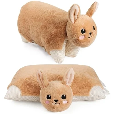 Afbeelding van BRUBAKER Knuffelkussen Konijn 2 in 1 Pluche en 40 x 30 cm Knuffel Opvouwbaar Kinderkussen met Klittenbandsluiting Kussen Knuffeldier Bruin